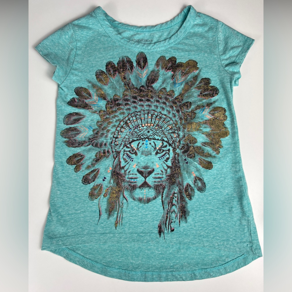 XHILARATION Girls Heathered Light Green Headdress Lion Short Sleeve Shirt Sz 7/8